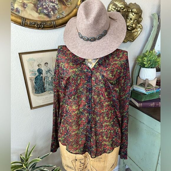 Free People Easy Rider Blue Green Red Rose Floral Sheer Button Up Blouse Sz M - Picture 1 of 12